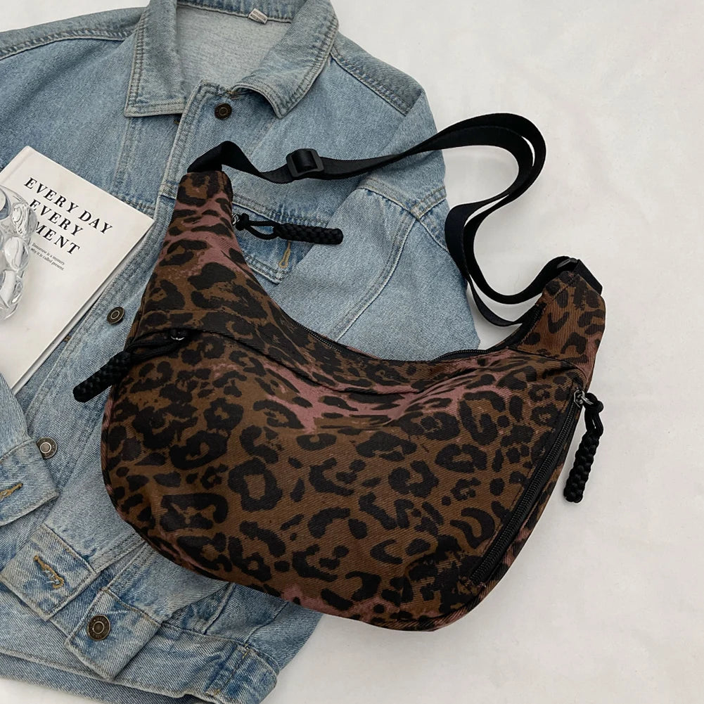 Women Crescent Crossbody Bag Large Capacity Leopard Print Daily Messenger Bag Adjustable Strap Half Moon Bag Simple Satchel Bag