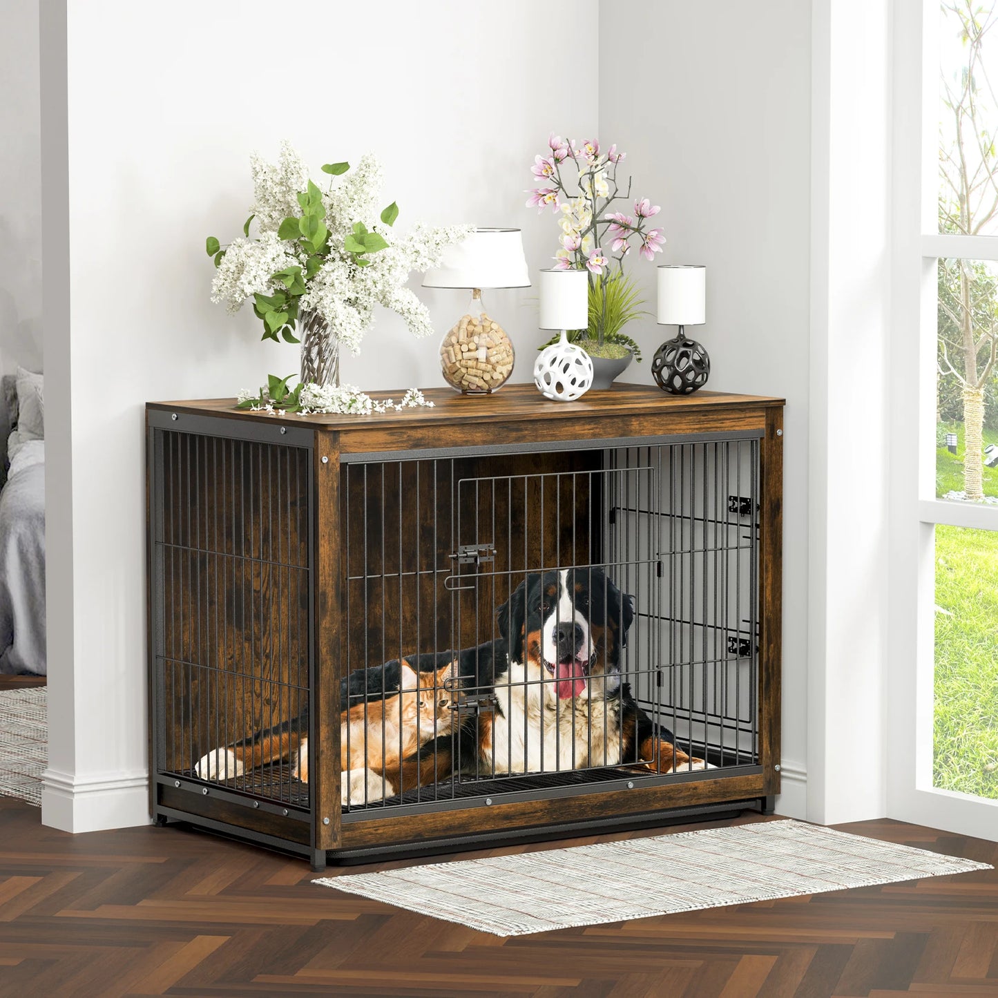 Pet Cage Kennels with 2 Doors and Removable Tray, Dog Crate, End Table Furniture, Wood Metal, Combine Pet Cage, S, M, L, 3 Sizes