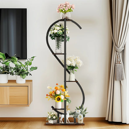 5 Tier S-shaped Plant Stand for Balcony Patio Garden Flowers Display Stand, Wood and Metal, Black