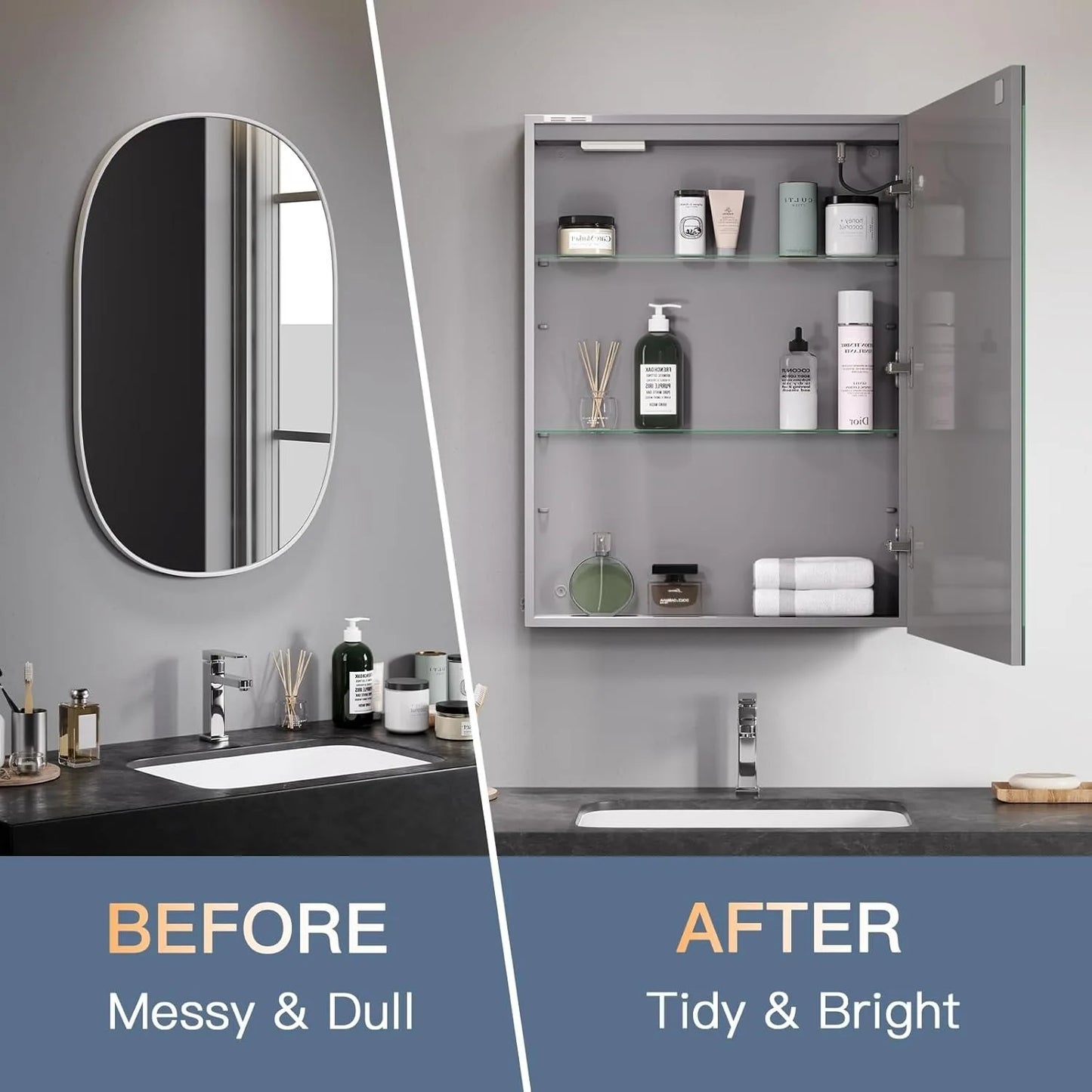 Mirror Cabinet with LED, Illuminated LED Bathroom Mirror Cabinet with Shaver Socket Dimmable Switch 3 Colors and Demister Pad