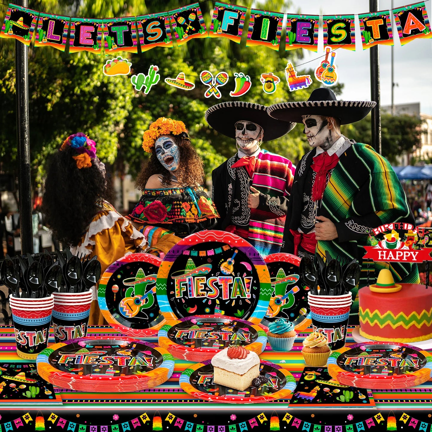 Mexican Themed Fiesta Party Supplies,161pcs Paper Tableware Set Includes Mexican Fiesta Plates Cups Napkins etc for 20 Guests