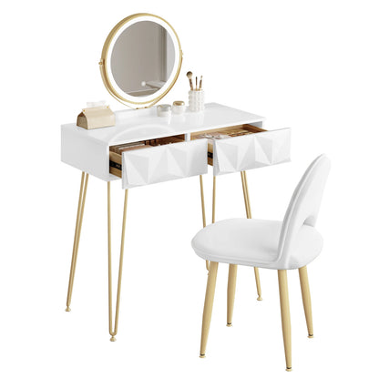 Dressing Table Vanity Cosmetic Table dresser with LED Light in 3 Light Colours  Velvet Chair 2 Drawers 360° Rotating Mirror