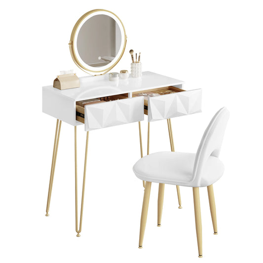 Dressing Table Vanity Cosmetic Table dresser with LED Light in 3 Light Colours  Velvet Chair 2 Drawers 360° Rotating Mirror