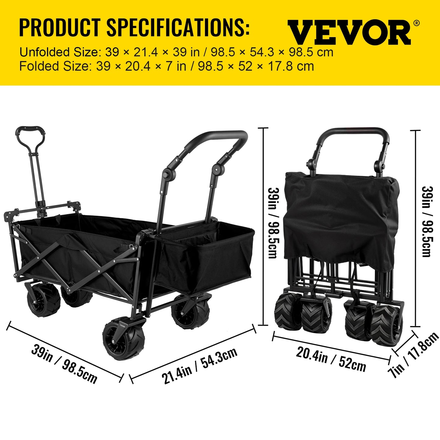 VEVOR Folding Wagon Cart W/ Adjustable Handle Bar Removable Canopy Oxford Cloth Collapsible Shopping Outdoor Camping Beach Cart