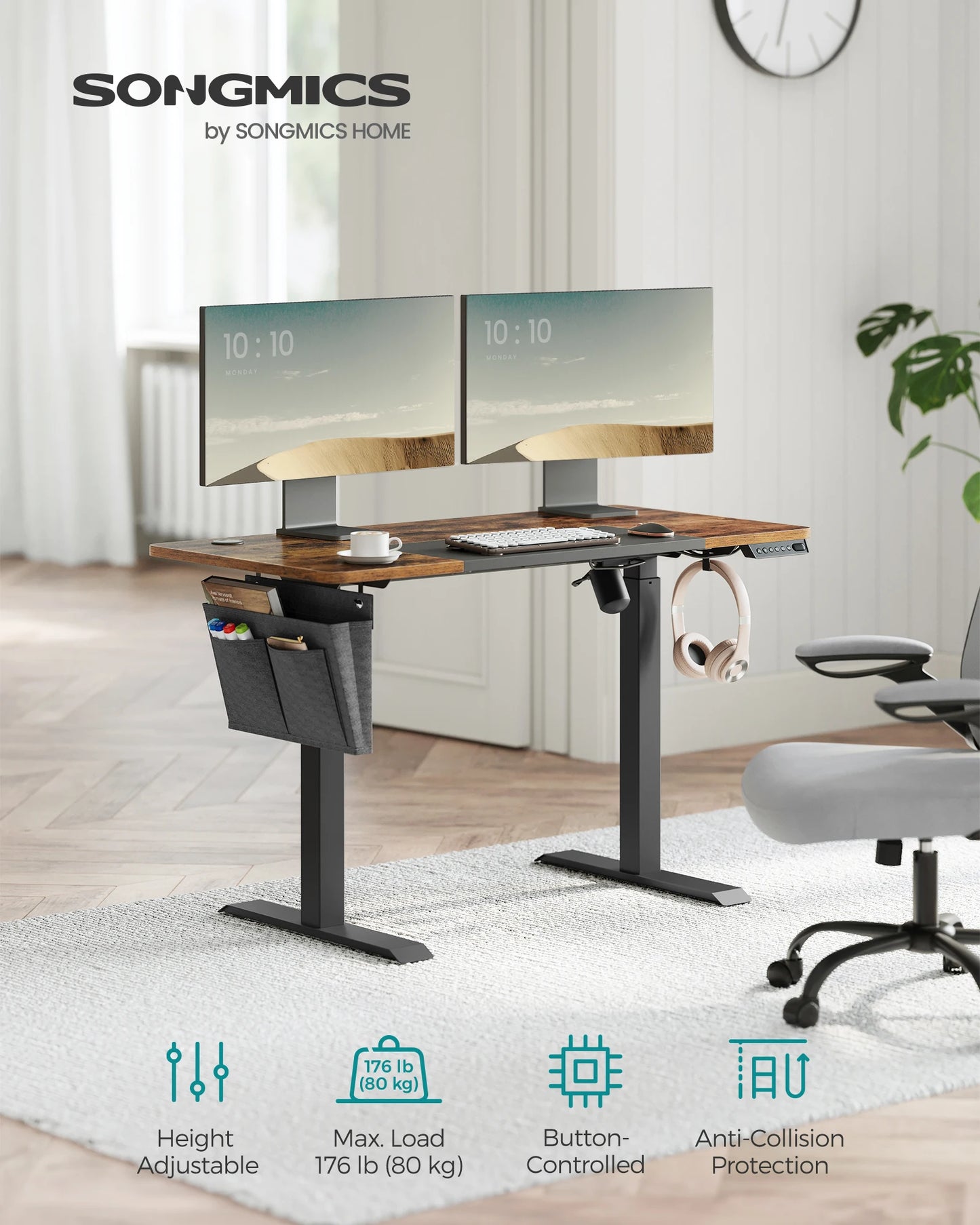 SONGMICS Electric Standing Desk, Height Adjustable Desk, 60 x 120 x (72-120) cm,Spliced Tabletop, 4 Memorable Heights