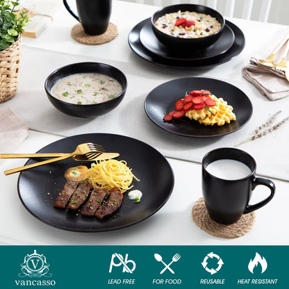 VANCASSO MODA Series 16/32/48 Piece Pottery Dinner Set Black Stoneware Tableware Set with Dinner Plate,Dessert Plate,Bowls,Cups