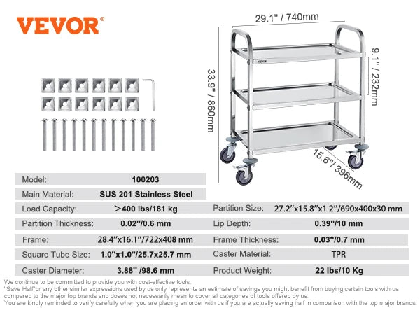 VEVOR Stainless Steel Cart 3/2/1 Layers Lab Utility Cart Medical Cart W/ Lockable Universal Wheels for Lab Clinic Kitchen Salon