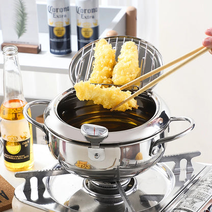 20 cm Cooking Tool 304 Stainless Steel 2 Handles 2.2L With Thermometer and Lid Tempura Fryer Pan Deep Frying Pot