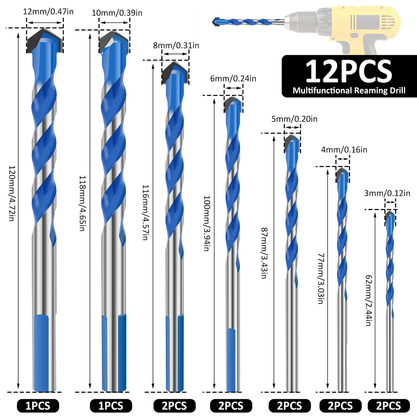 12PCS Concrete Drill Bit Set Masonry Drill Bit,Punching Drill Bit Cement Drill Bits for Concrete Brick Wall, Tile Glass Ceramic