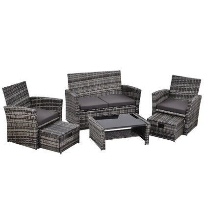 6 Pieces Garden Outdoor Patio Rattan Furniture Set, 6 Seater Sofa Set with Coffee Table & Footstools, Grey Rattan with Cushion