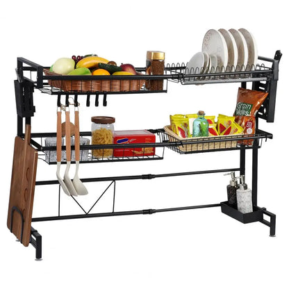 2 Tier Large Capacity Dish Rack, Sink Organize Stand, Kitchen Counter Storage Shelf Supplies for Plates Bowls Pots, Black