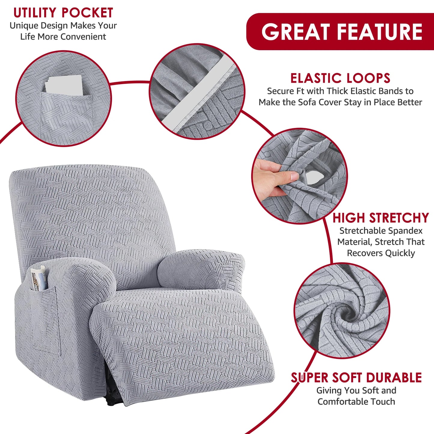 Recliner Chair Cover, Stretch Recliner Covers for Recliner Chair Soft Reclining Chair Slipcover Furniture Protector for Dogs Cat