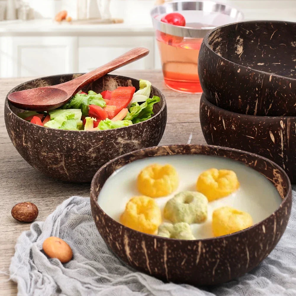 Wholesale Natural Coconut Bowls For Serving Dishes Salad Oatmeal Yogurt Reusable Wooden Coconut Shell Bowl Kitchen Tableware Set