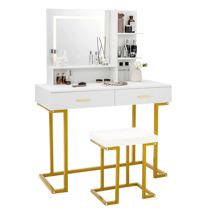 GOFLAME Vanity Set with Large Mirror, Makeup Vanity Table with Cushioned Stool & Bright LED Lights, 2 Drawers