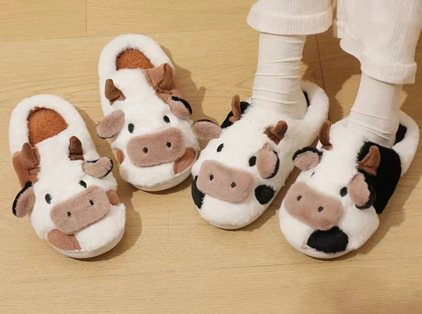 New Winter Unisex Cartoon Cow Warm Plush Slippers Couple's Indoor Non-slip House Slides Men And Women Toe Wrap Home Cotton Shoe