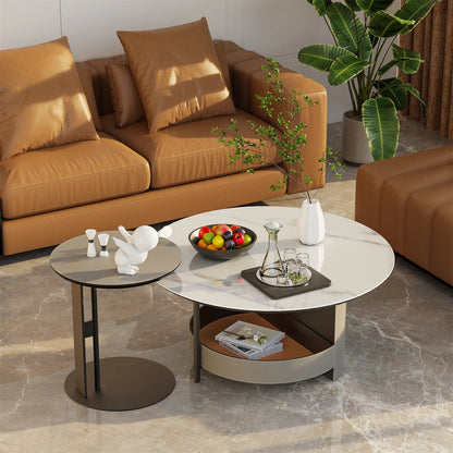 Round Coffee Side End Table with Sintered Stone-top and Microfiber Saddle Leather Storage Shelf for Living Room Bedroom