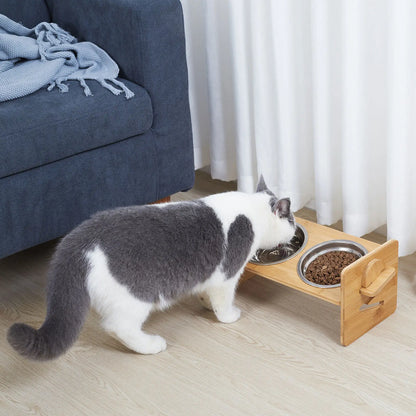 Wooden Raised Cat Bowls, Food Container, Drinking Dish, Bamboo Stand, Stainless Bowl, Height Adjustable