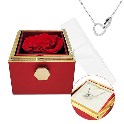 Rotating Jewelry Box with Necklace, Forever Flower Red Preserved Rose Box Mother's Day Birthday for Mom Wife Girlfriend