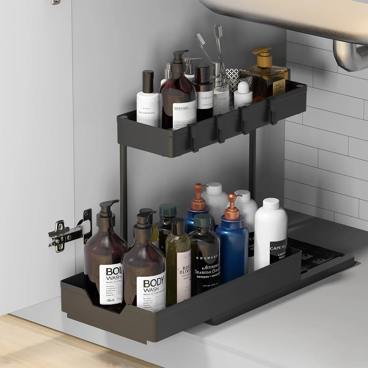 Under Sink 2 Tier Sliding Cabinet Basket Organizer Drawer Pull Out Cabinet Multi-Purpose Sink Organizer for Bathroom Kitchen