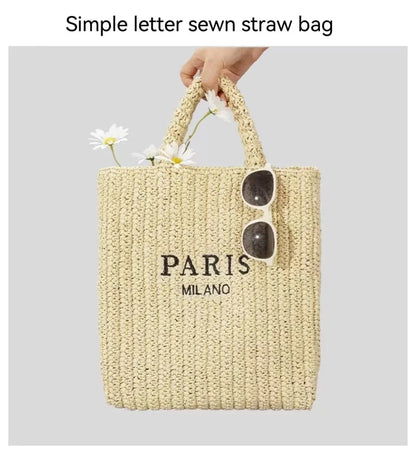 Women's Fashion Large Capacity Handmade Straw Knitting Tote Bag Summer Travel Beach Shoulder Bags Casual Simple Portable Handbag