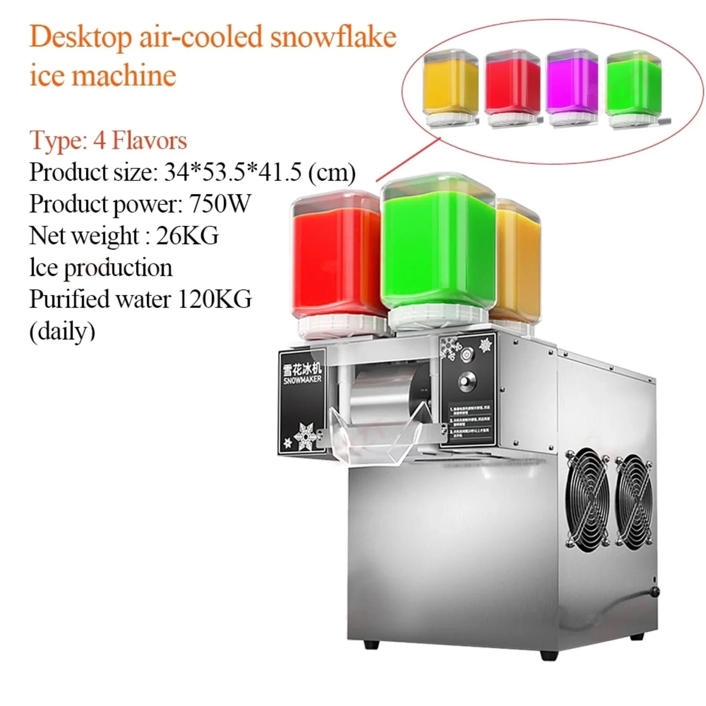 New Design 120KG/24H Air-cooled Snowflake Ice Machine Small Snow 4 Flavors Snow Ice Bingsu Shaver Smoothie Crusher 110V 220V