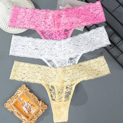 3PCS Lace Floral Women Panties Low Waist Breathable Briefs Female Thong Underwear M-2XL Solid Sexy G-String Transparent Panty