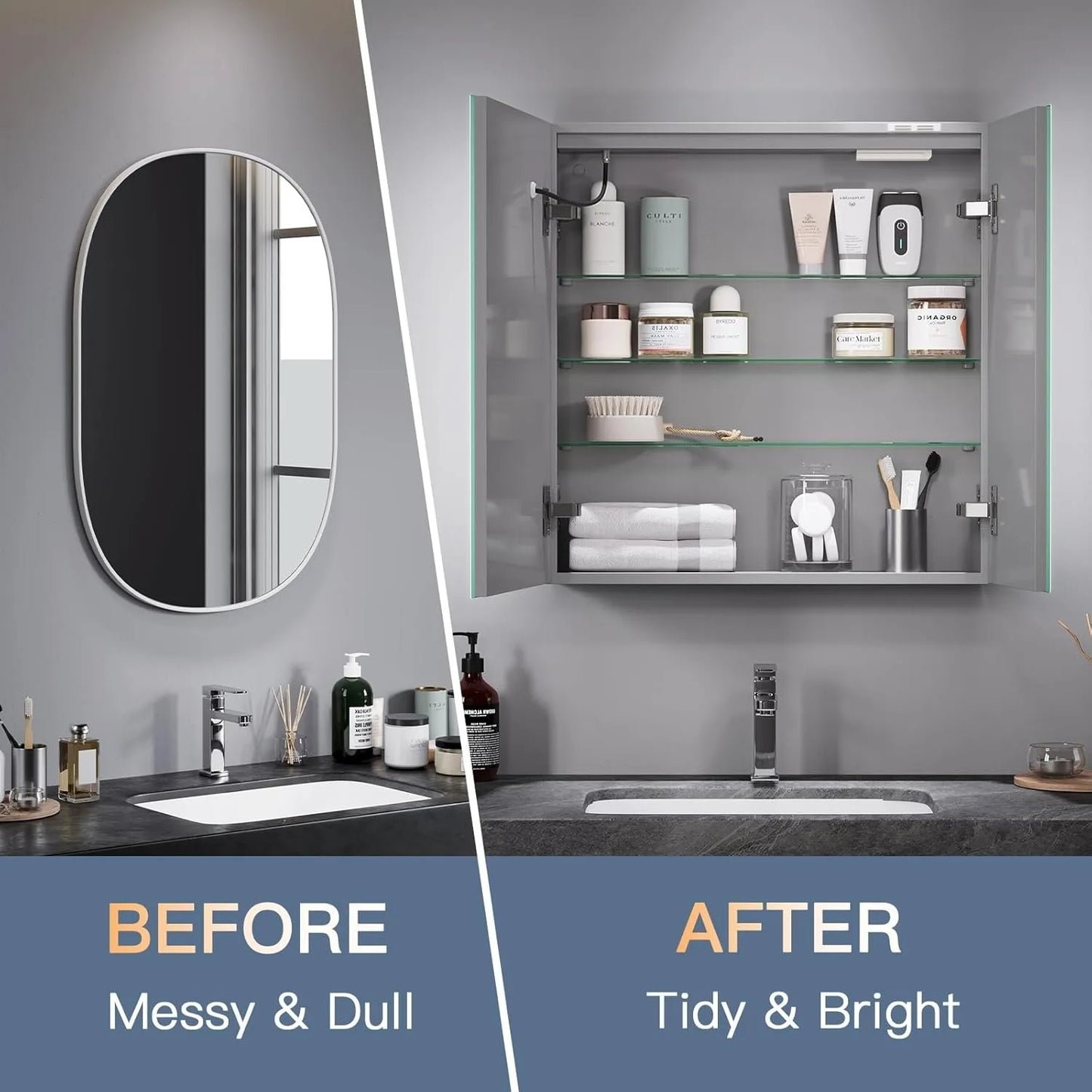 Mirror Cabinet,2 Doors Illuminated LED Bathroom Mirror Cabinet with Shaver Socket Dimmable Switch 3 Colors and Demister Pad-Grey