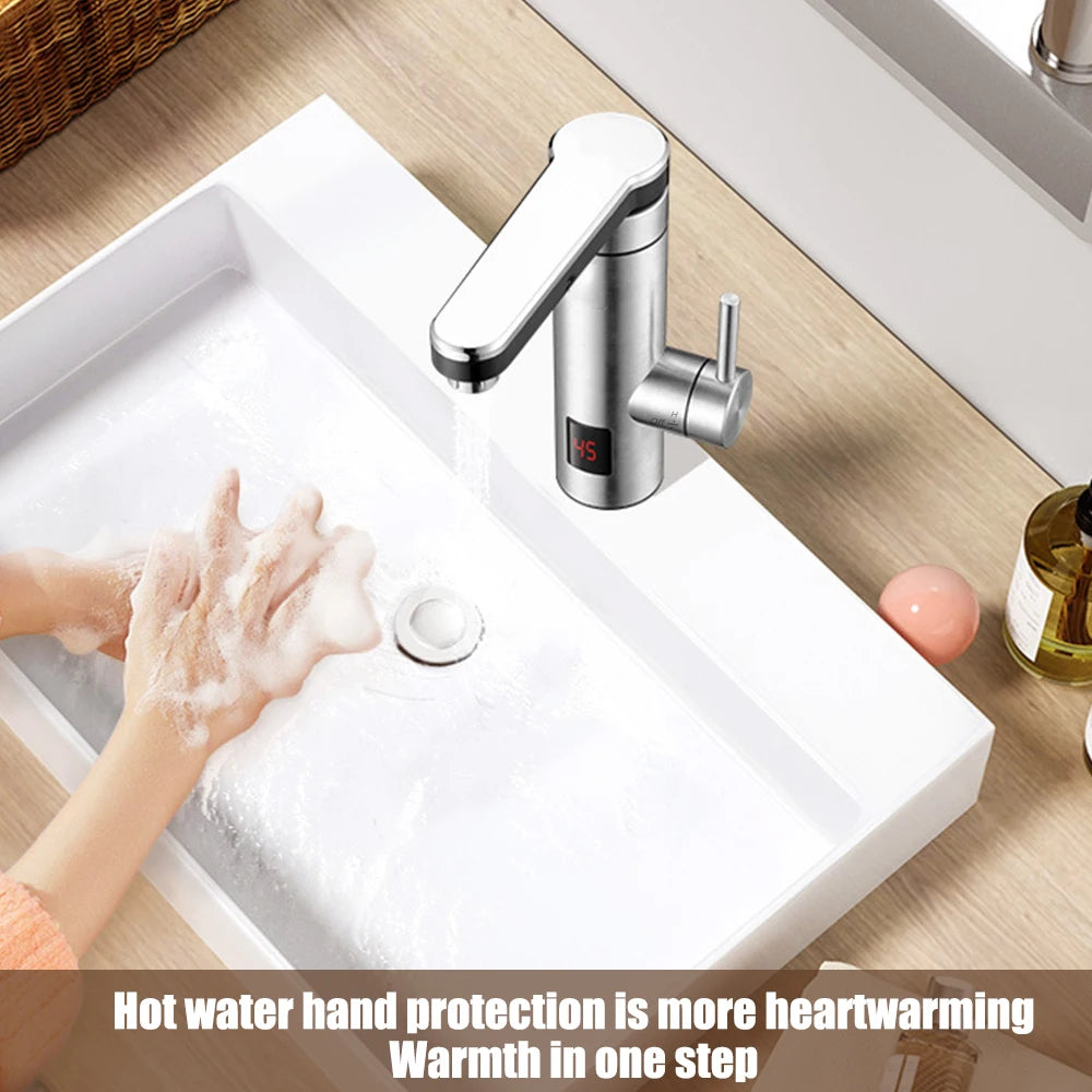 Electric Instant Heater Tap 3300W High Efficiency LED Digital Temperature Display Stainless Steel IPX4 360 Degrees Swivel Single