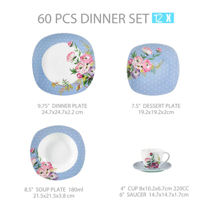 VEWEET Blue Flower 30/60 Piece Porcelain Ceramic Kitchen Tableware Set with Dinner,Dessert,Soup Plate,Cup and Saucer For 6/12