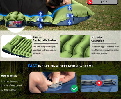 Outdoor camping super thick 4-inch inflatable sleeping mat with built-in pillow and pump air mat for travel hiking climbing