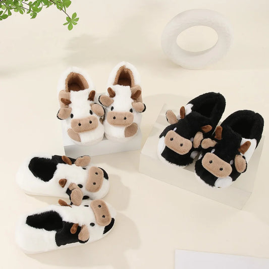 New Winter Unisex Cartoon Cow Warm Plush Slippers Couple's Indoor Non-slip House Slides Men And Women Toe Wrap Home Cotton Shoe