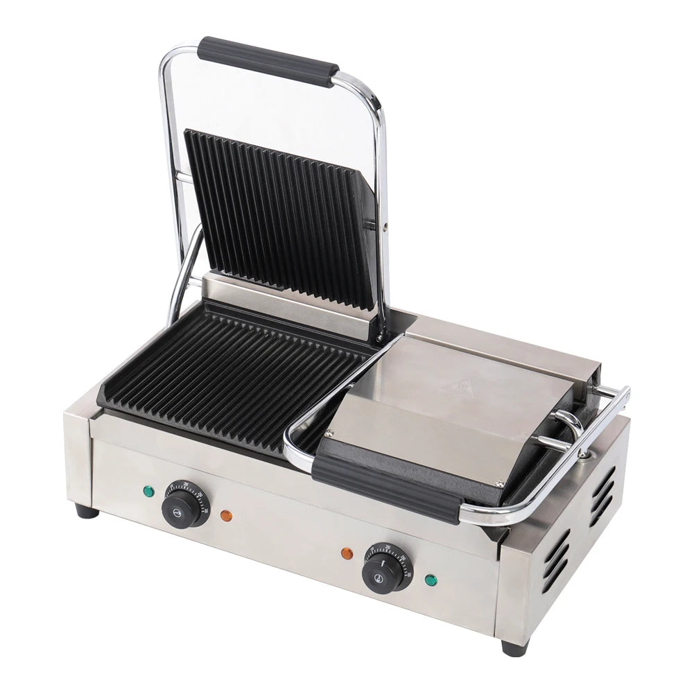 3.6KW Double Commercial Sandwich Press Grill with Knob Temperature Control for Cooking Sandwiches, Sausages, Eggs and Pancakes