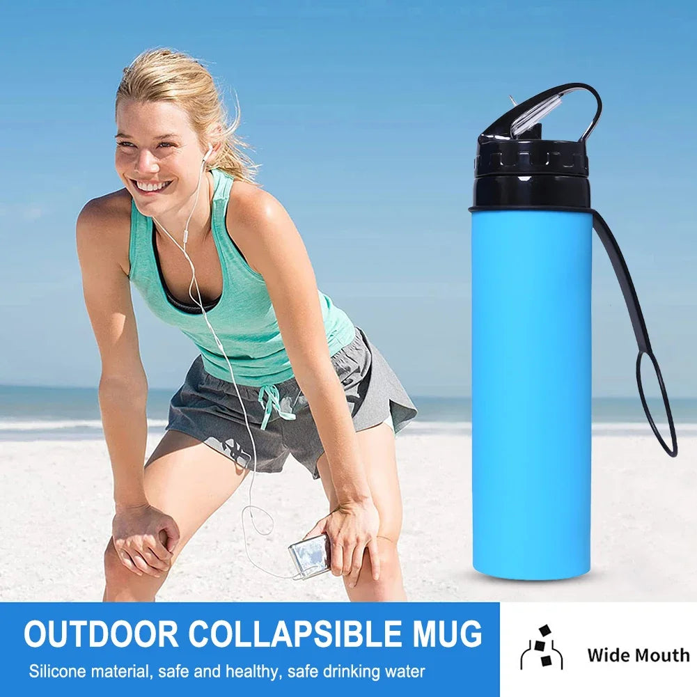 600ml Portable Water Cup Lightweight Silicone Sports Bottle Reusable Foldable Detachable with Suction Tubes Outdoor Accessories