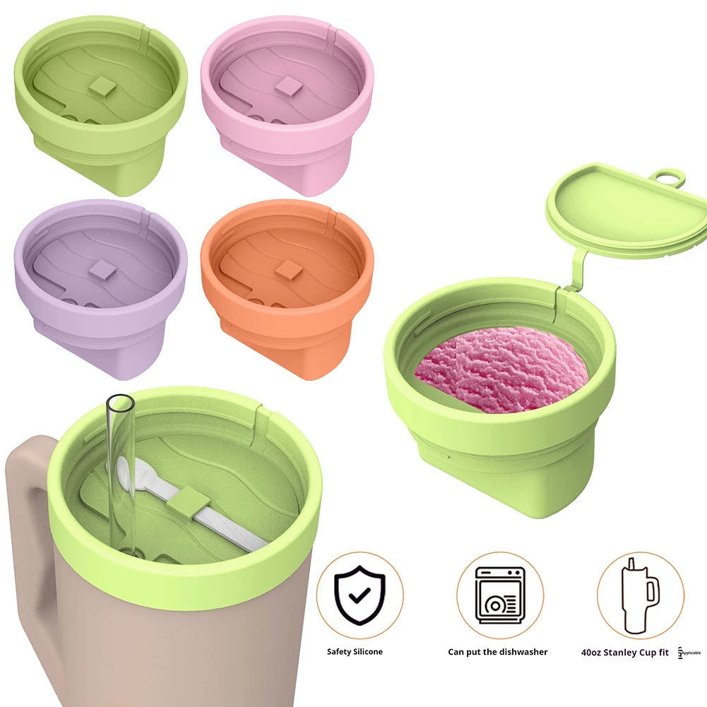 Silicone Freezer Storage Container with Lid & Spoon Snack Bowl Reusable Ice Cream Tray for Stanley 40oz Tumbler with Handle