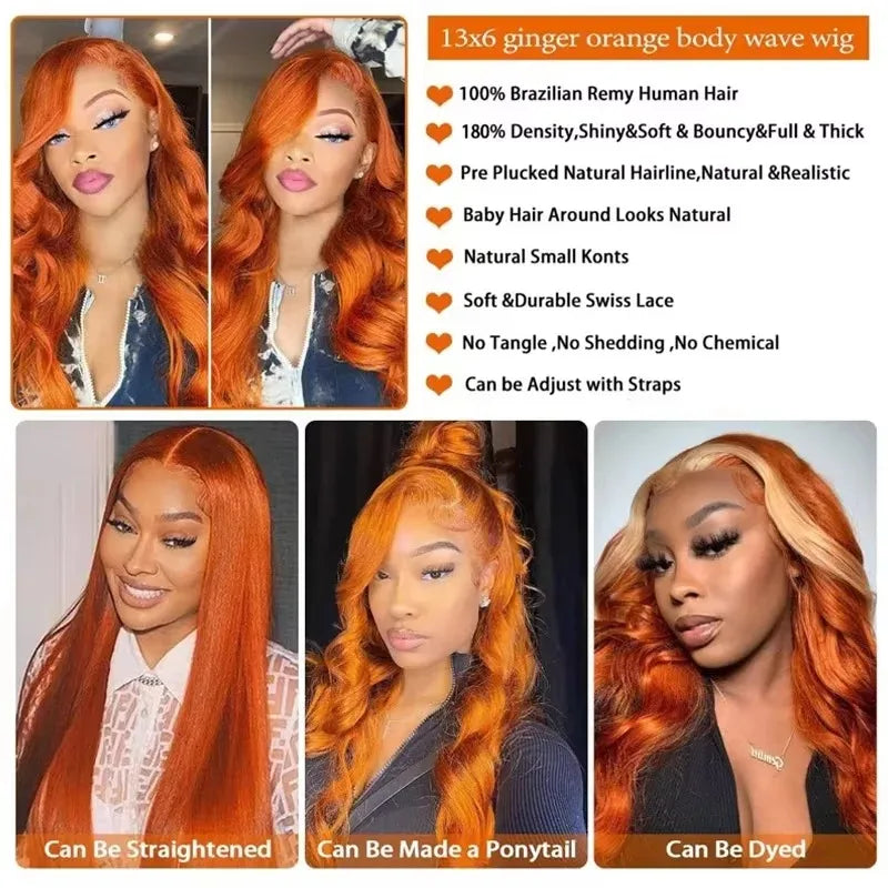 350 Ginger Orange Colord Body Wave Lace Front Wigs Human Hair 13X5 Lace Front Wigs Human Hair HD Transparent Lace Wig For Women