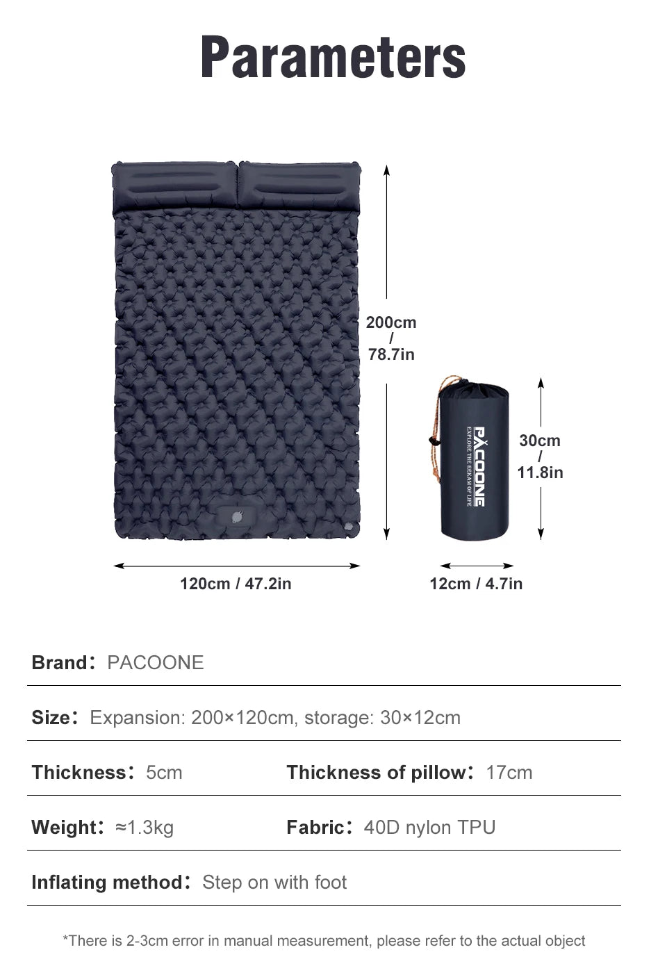 PACOONE Outdoor Camping Double Inflatable Mattress Extra Wide Sleeping Pad Ultralight Folding Bed Sleeping Mat Car Travel Mat