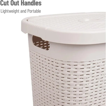 50L Slim Laundry Hamper, Clothes Basket, Lid, Wicker Design, Plastic, 17.65"L x 13.75"W x 21"H