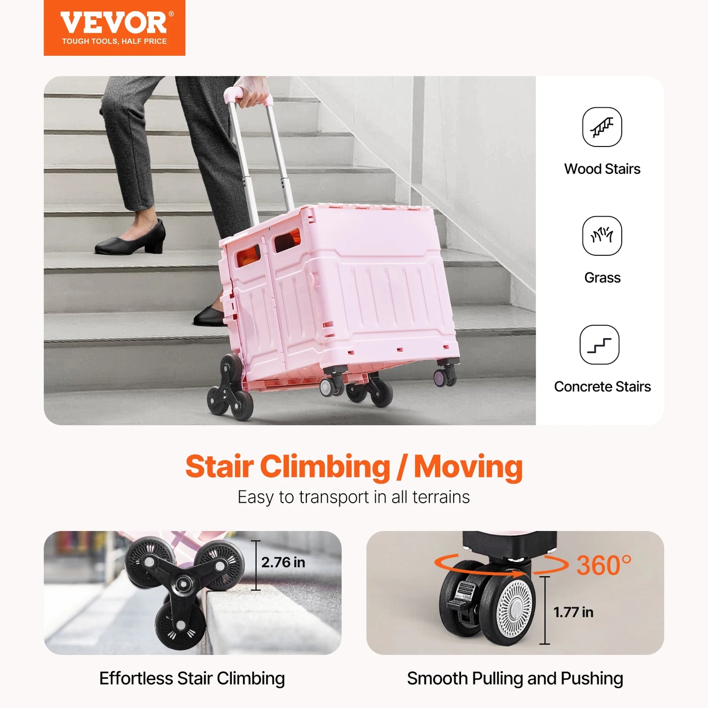 VEVOR 150lbs Stair Climbing Cart 65L Foldable Utility Hand Cart with Wheels Collapsible Crate Rolling Cart for Shopping Office