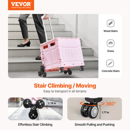 VEVOR 150lbs Stair Climbing Cart 65L Foldable Utility Hand Cart with Wheels Collapsible Crate Rolling Cart for Shopping Office