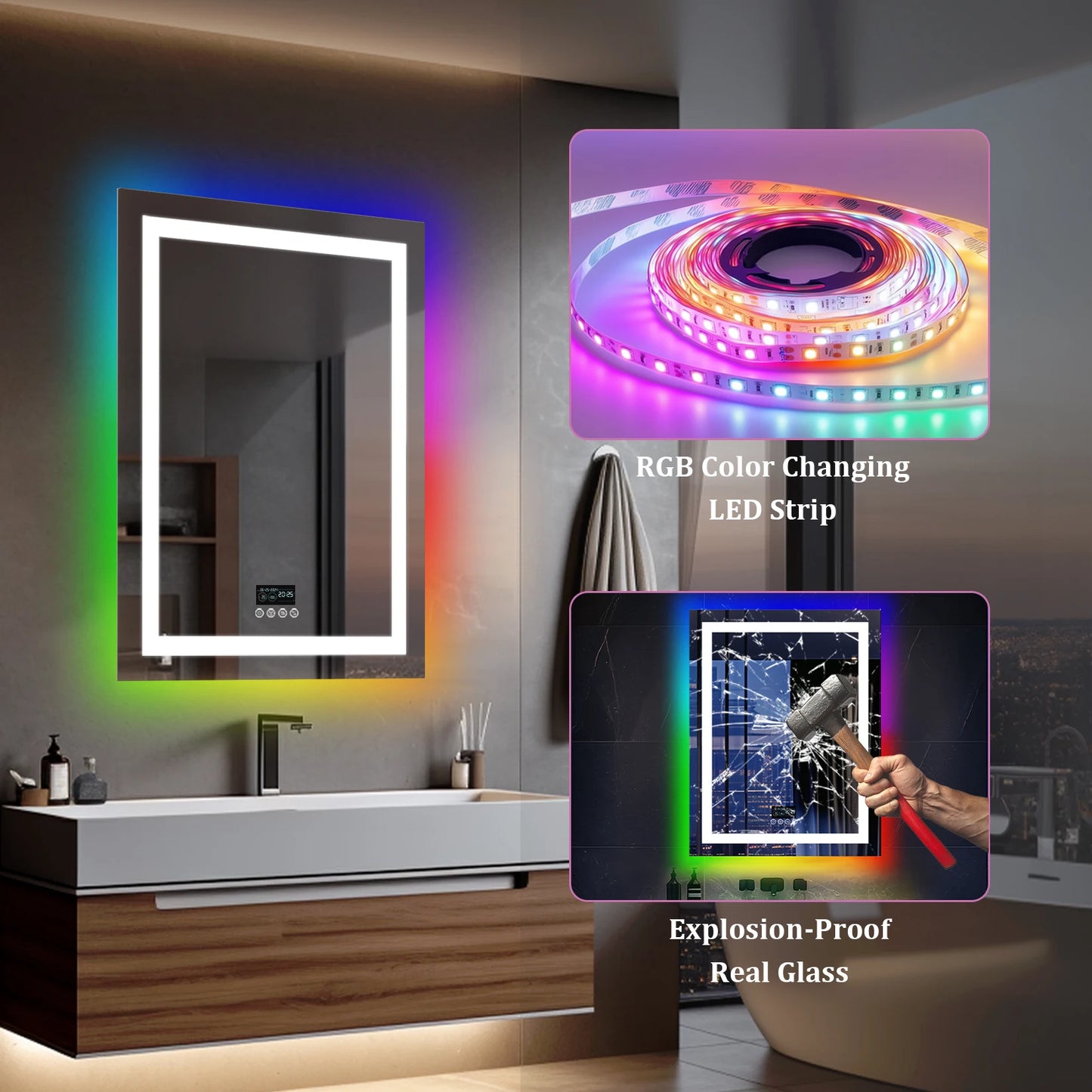 Round/Sqaure RGB LED Bathroom Mirror with Bluetooth Speaker Front-lit and Backlight Wall Dimmable Antifog  Vanity Mirror