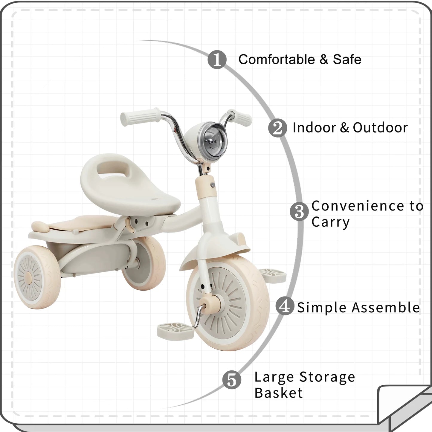 UBRAVOO Baby Foldable Tricycle Trike with Pedals,Unique PU Wheels with Elasticity Shock-absorbing Effect,Cool Lights,1-5 Years