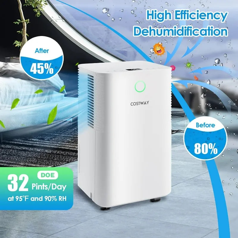 2000 Sq. Ft Dehumidifier for Home, 32 Pint Dehumidifier with 3 Modes, 2 Speeds, LED Touch Control Panel, 24H Timer Child Lock