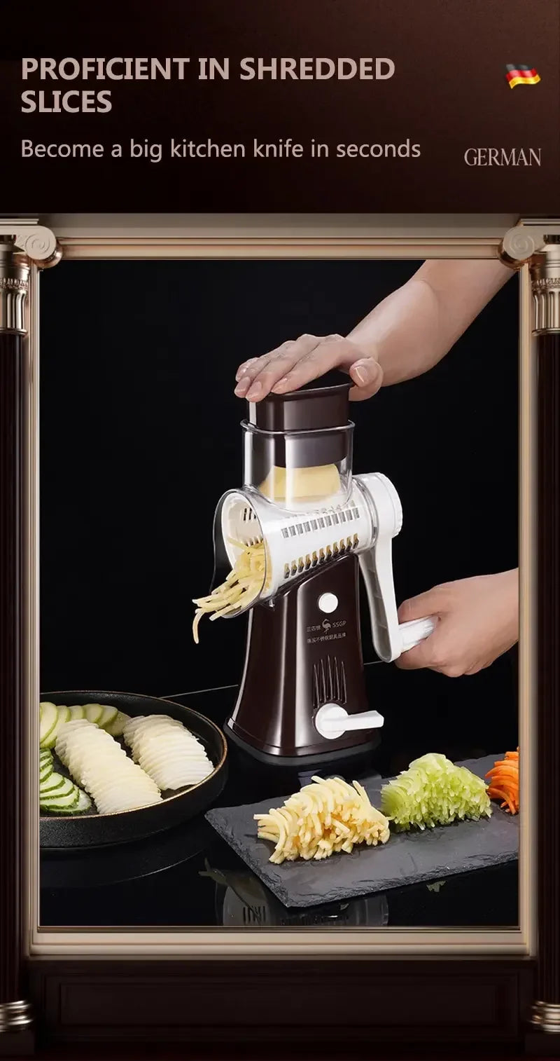 Rotary Cheese Grater Shredder Round Mandolin Slicer with Handle and 5 Drum Blades Kitchen Manual Vegetable Slicer Nuts Grinder