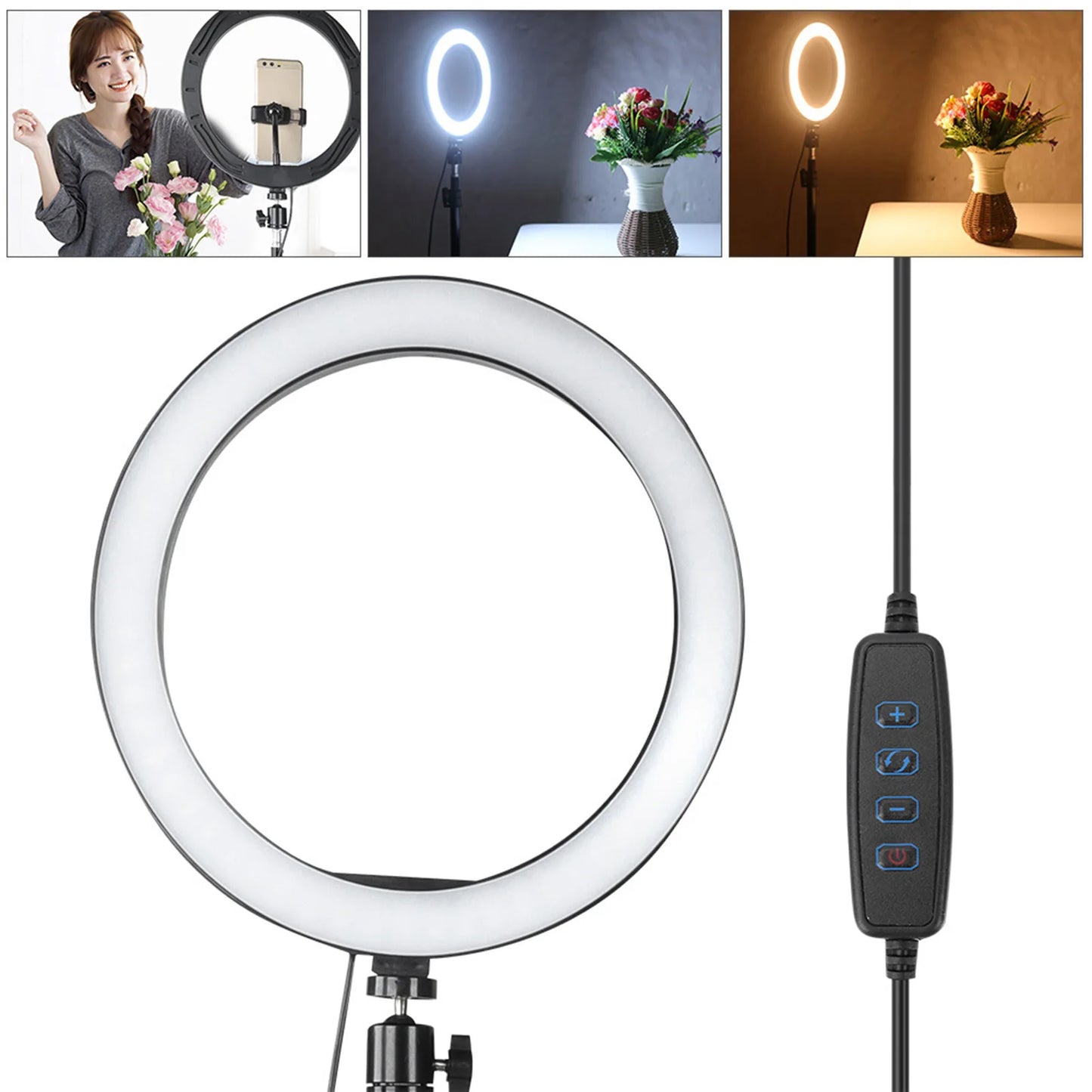 10 Inch Dimmable LED Ring Fill Light USB Camera Video Lamp with Tripod Phone Clip Set