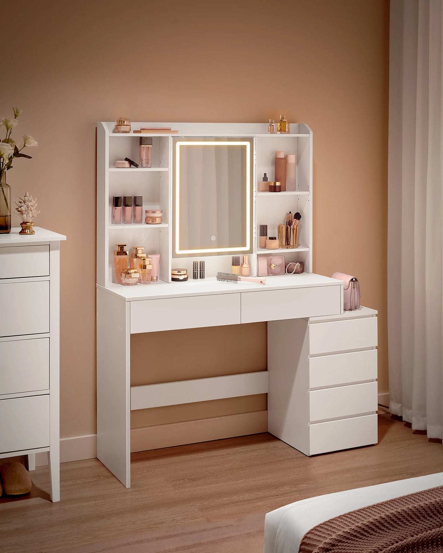 VASAGLE Dressing Table with LED Lights, Adjustable Brightness, 40 x 117.5 x 145 cm,Vanity Table with Mirror, Drawers