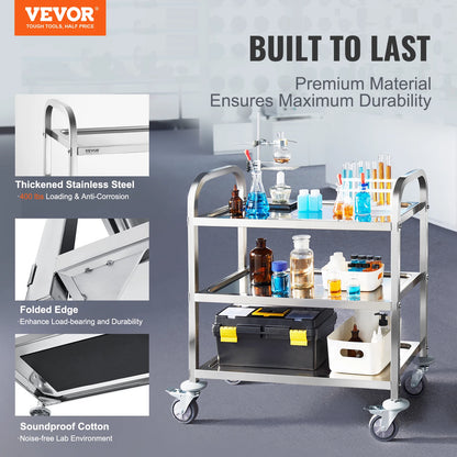 VEVOR Stainless Steel Cart 3/2/1 Layers Lab Utility Cart Medical Cart W/ Lockable Universal Wheels for Lab Clinic Kitchen Salon