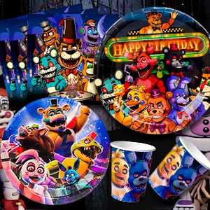 Fnaf Birthday Party Supplies,128pcs Five Nights at Freddy's Birthday Decorations&Tableware Set-Plates and Cups Tablecloth Banner