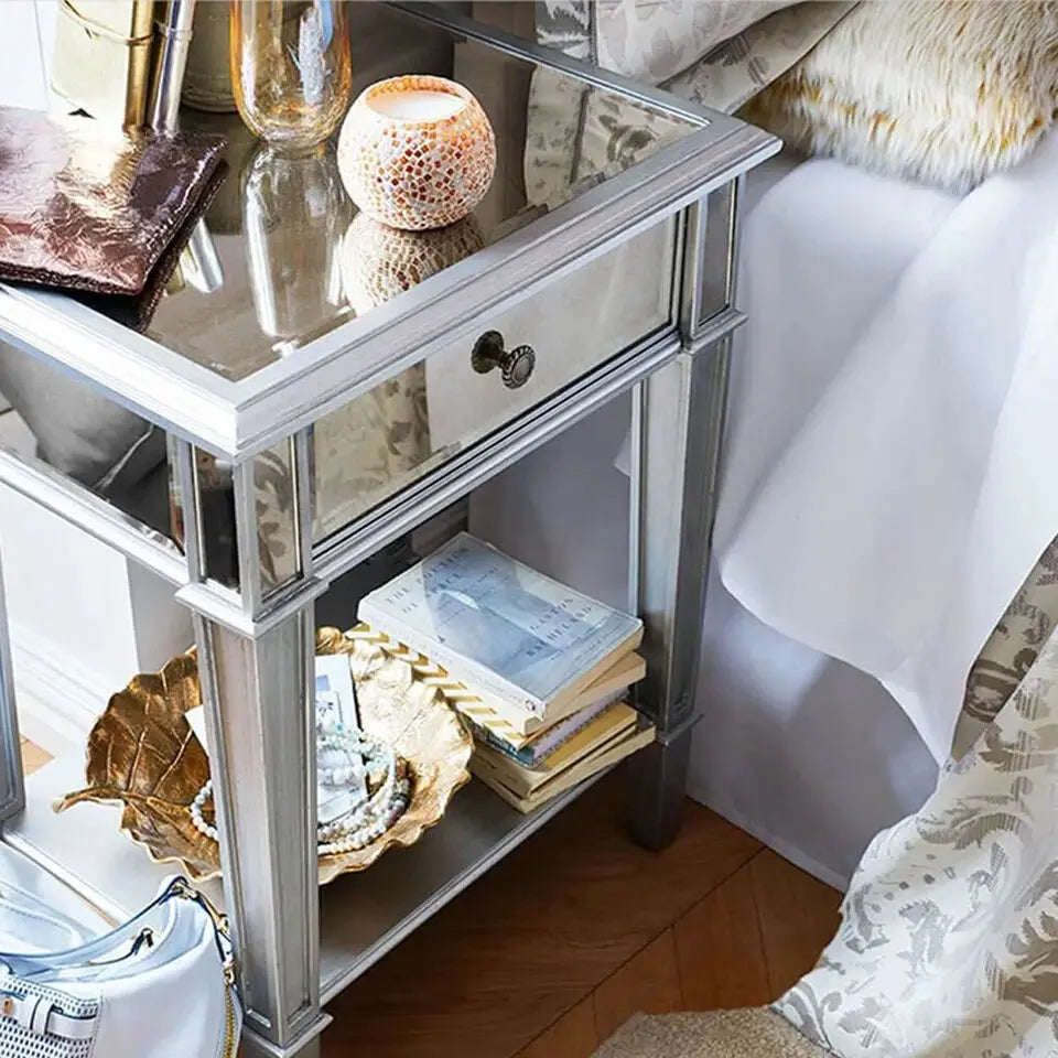 Silver Mirrored End Table for Living Room Bedroom, 2 Tier, Sofa Side, Bedside Cabinet, Nightstand Desk with Drawer