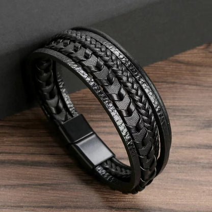 1pc Fashion Accessories MEN'S Multi-layered Vintage Leather Rope Braided Bracelet Alloy Magnetic Buckle Bracelet