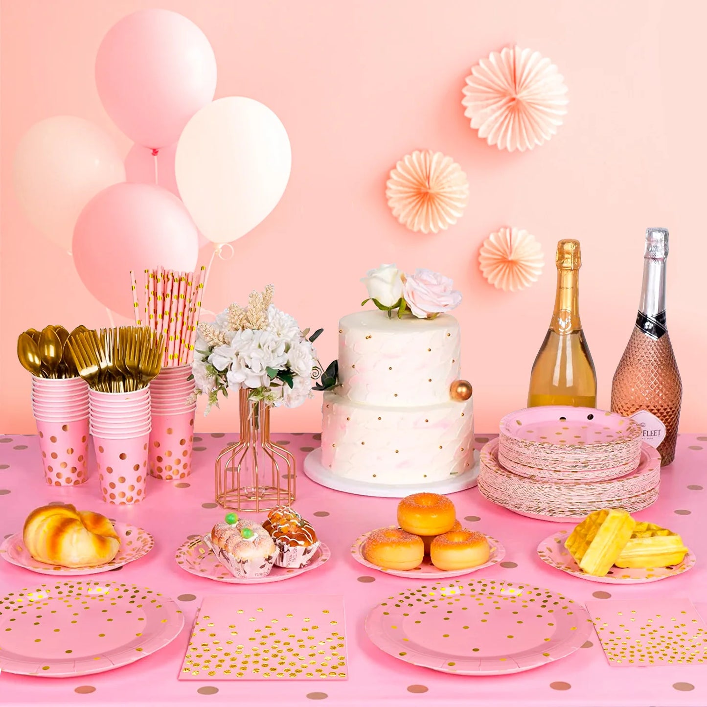 Pink and Gold Party Supplies 193 pcs/Serves 24 Pink and Gold Birthday Dinnerware Set- Pink and Gold Birthday Plates Cups etc